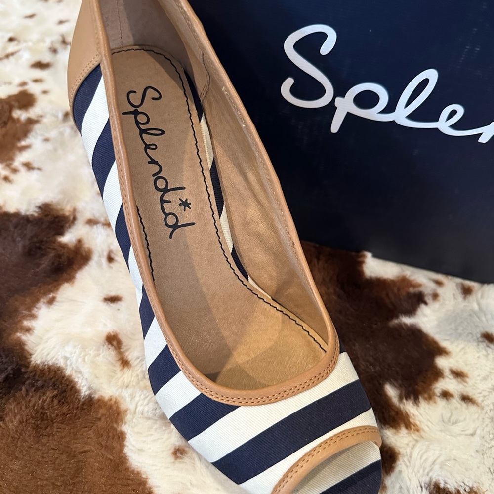 Splendid Navy and White Striped Peep-Toe Wedges with Tan Trim - Picture 5 of 7